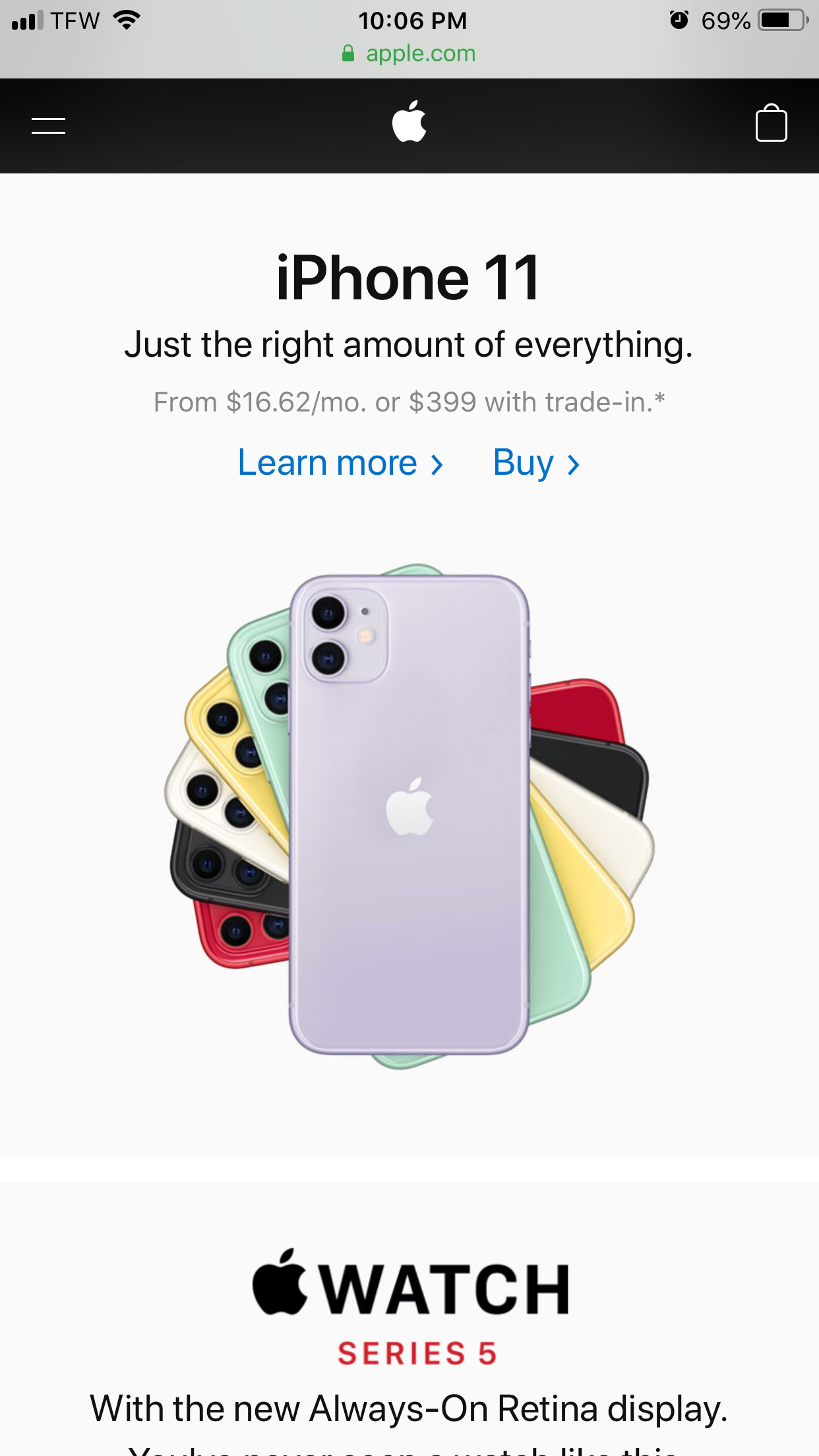 Photo of Apple company website homepage showing phones